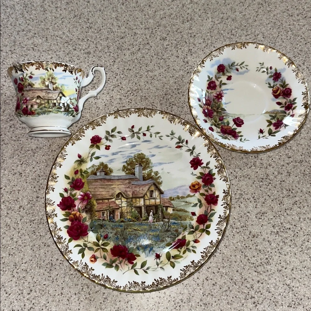 Royal Albert Four Seasons Series SPRING Country Scenes 3 piece set Teacup plates